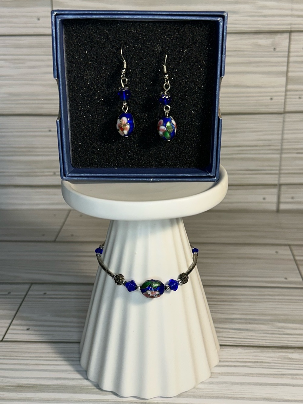 Handmade Blue Glass Bead Bracelet and Earring Set With Pink Floral Motifs